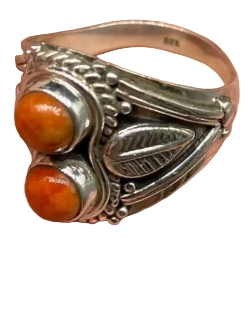 Solid 925 Sterling Silver & Orange Mojave Turquoise Leaf Boho Design Ring